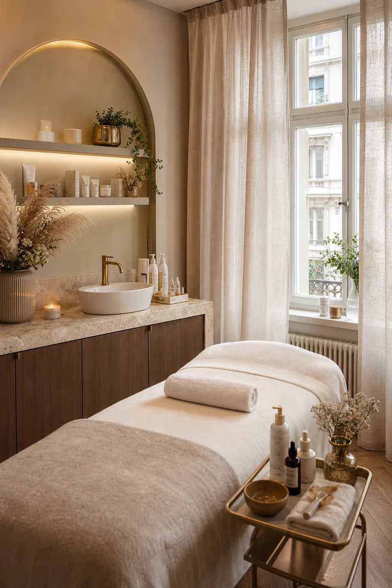 Warmer Behandlungsraum eines modernen Beauty Salons mit Liege, Pflegeprodukten und hellem Tageslicht